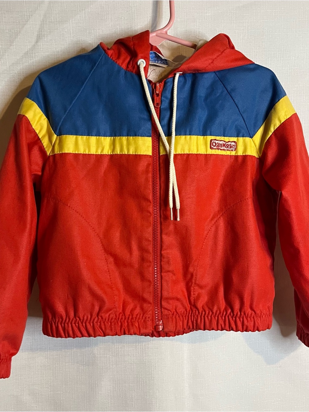 Vintage Oshkosh Red Hooded Windbreaker with Blue & Yellow Accents